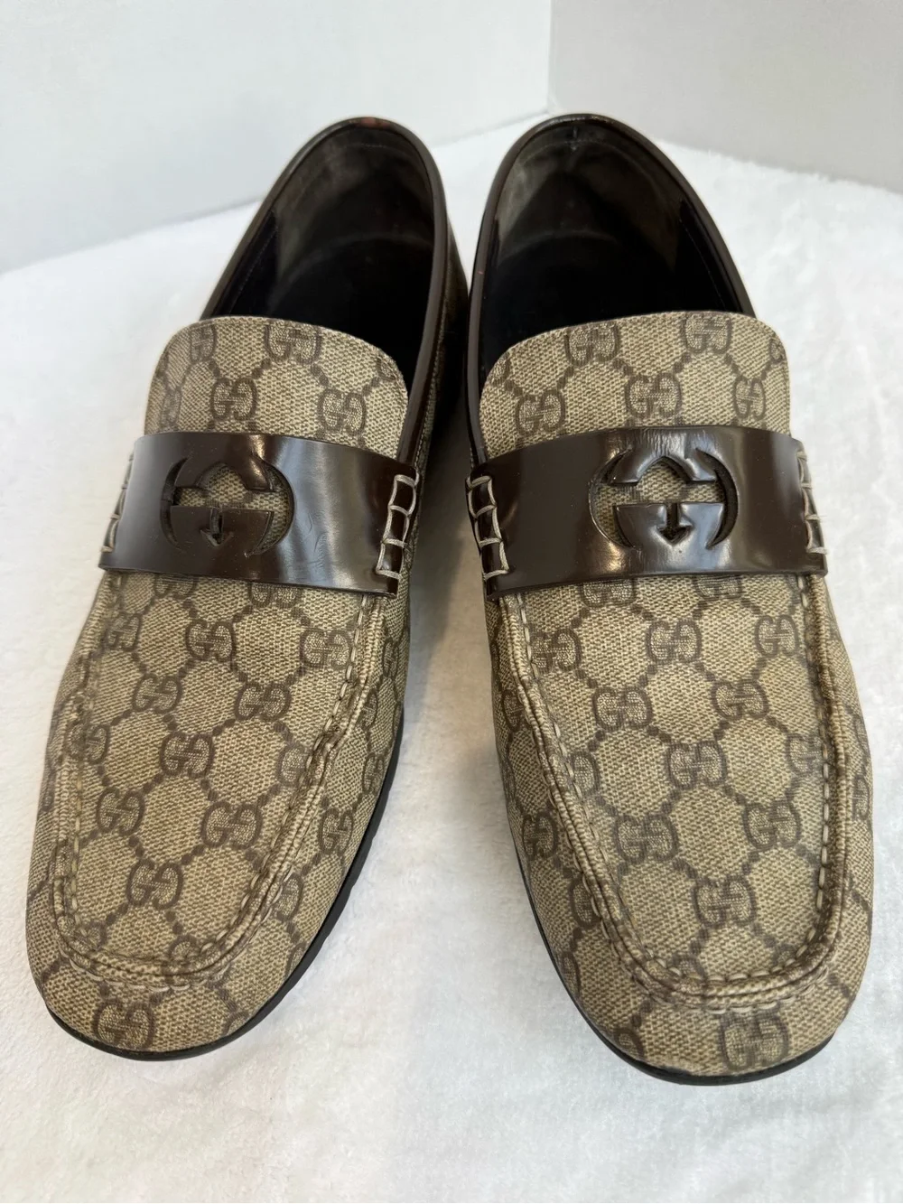 Gucci Authentic Mens Shoes 10.5 GG Canvas Leather Penny Loafers Resoled